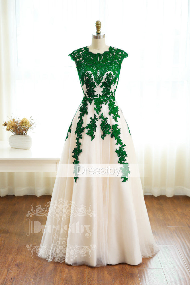 Green lace long prom dress, green ...